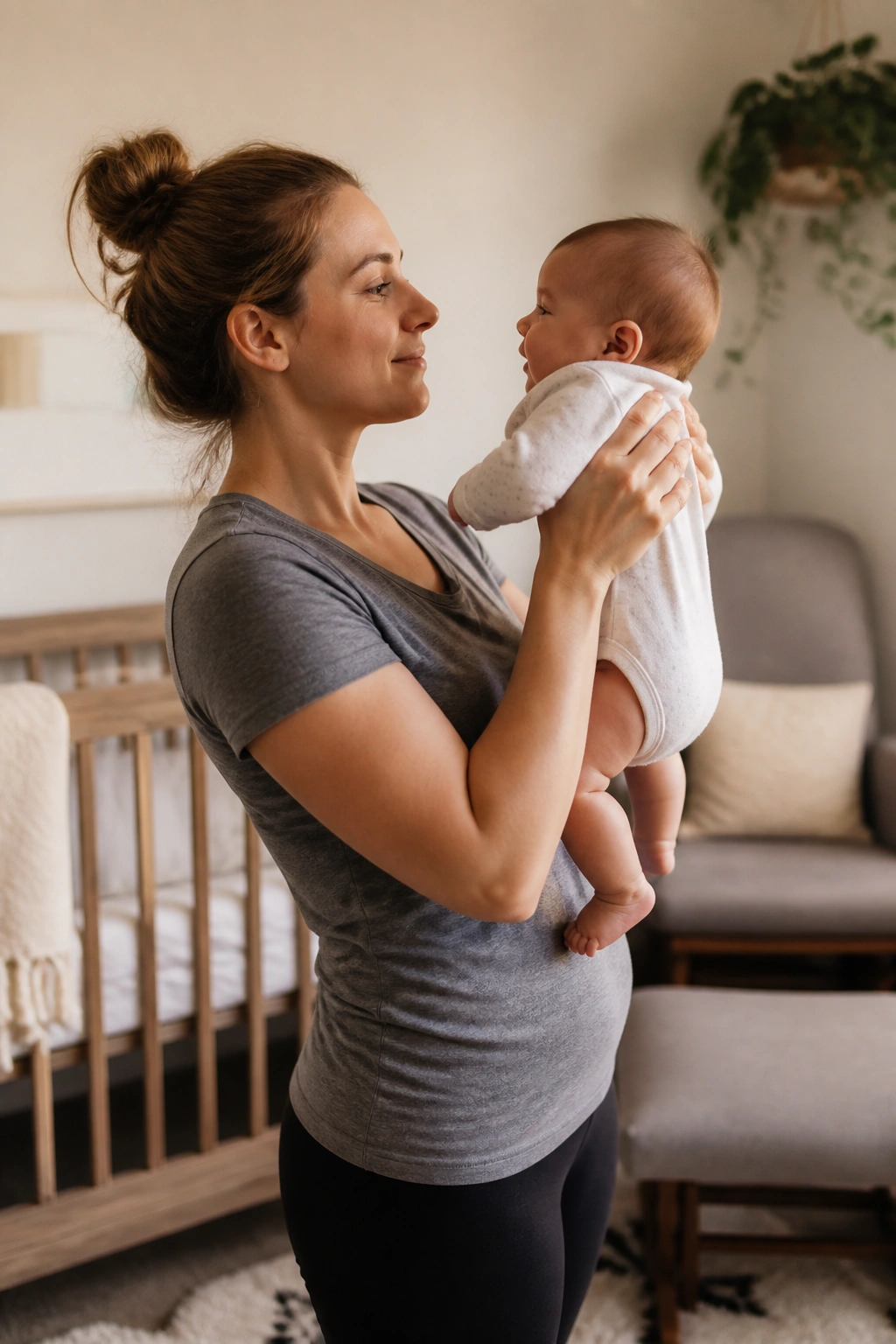 Postpartum mom lifting baby with proper posture in home setting