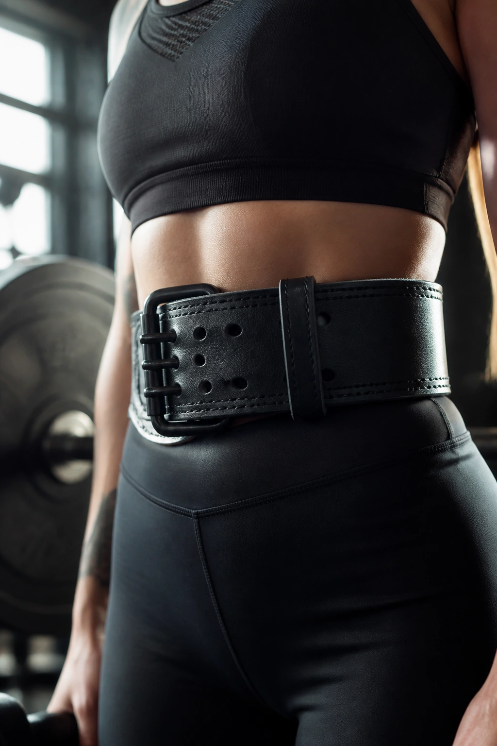 Close-up of a 10mm lifting belt cinched around a lifter's waist