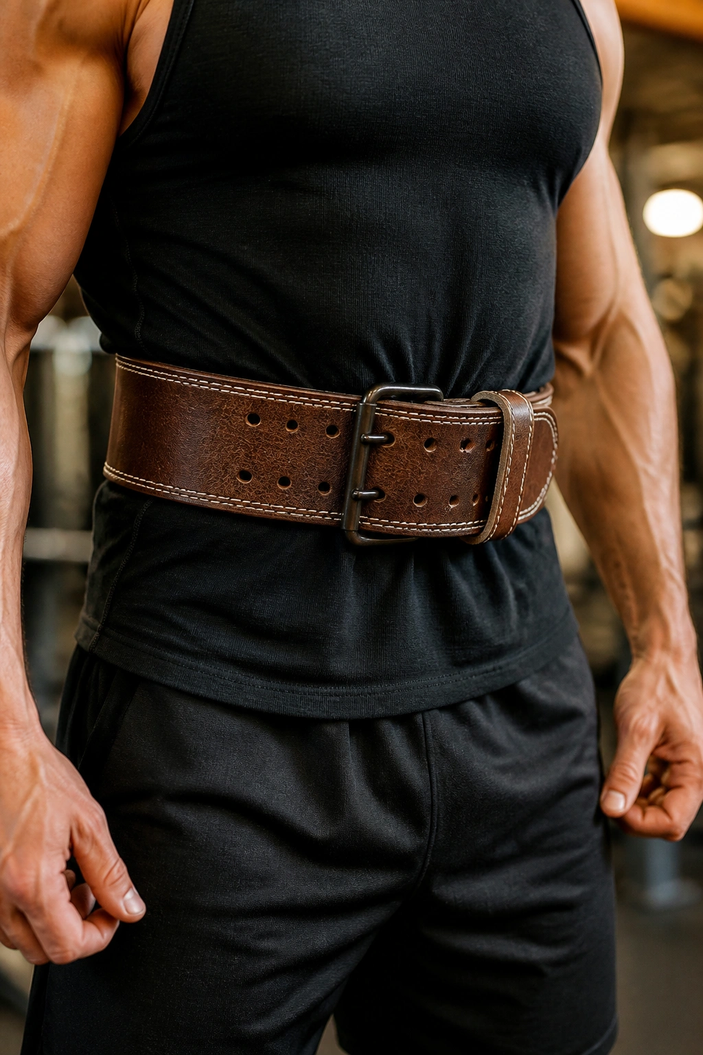 Close-up of a lifter wearing a leather lifting belt during a squat setup