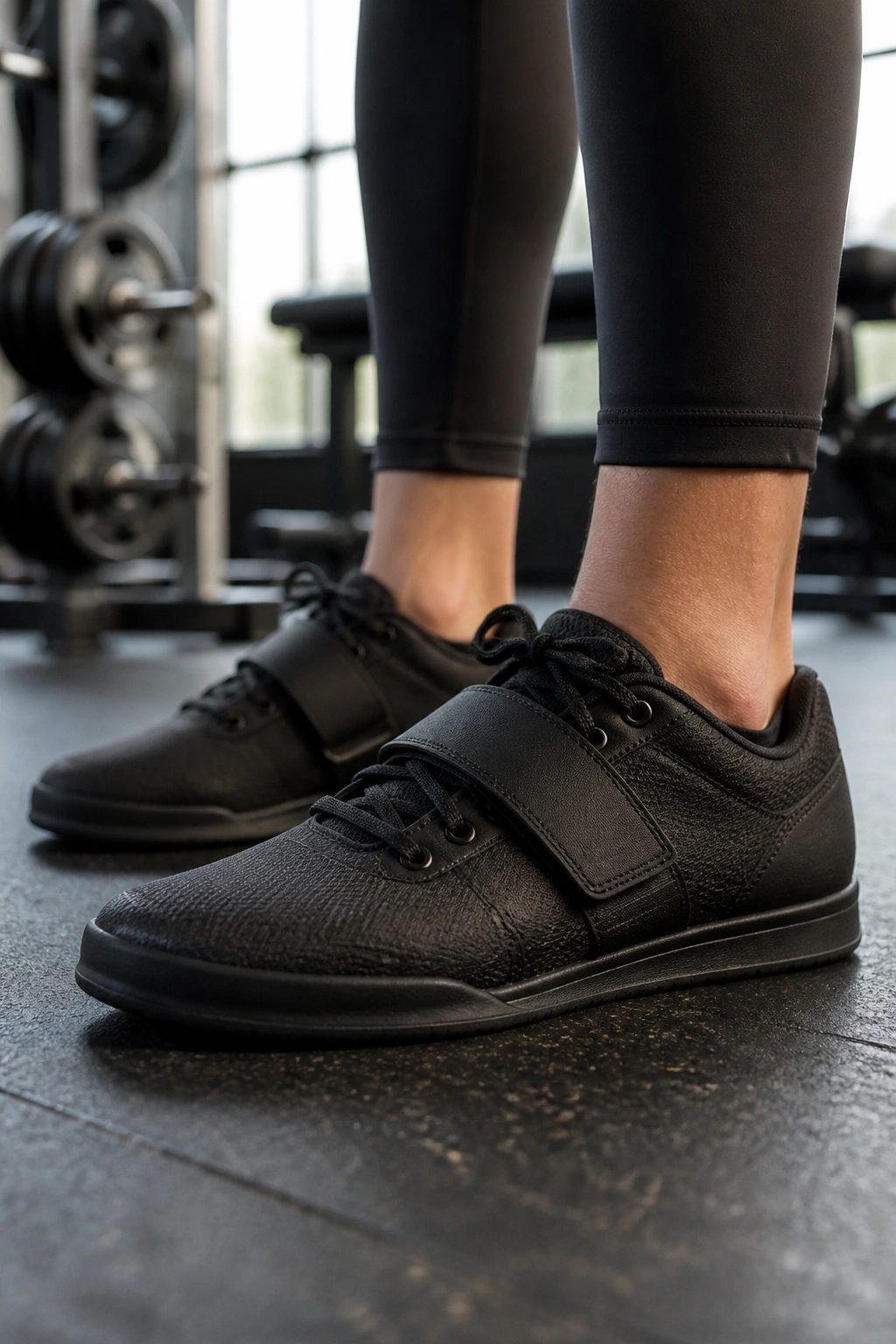 Close-up of flat-lifting shoes on a lifter's feet in a gym