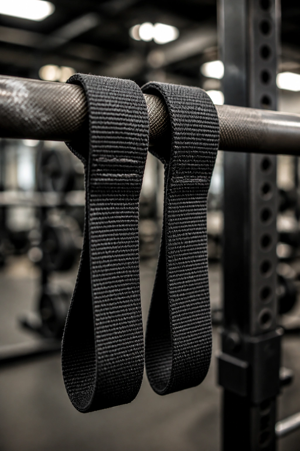 Close-up lifting straps wrapped around a bar in a gym