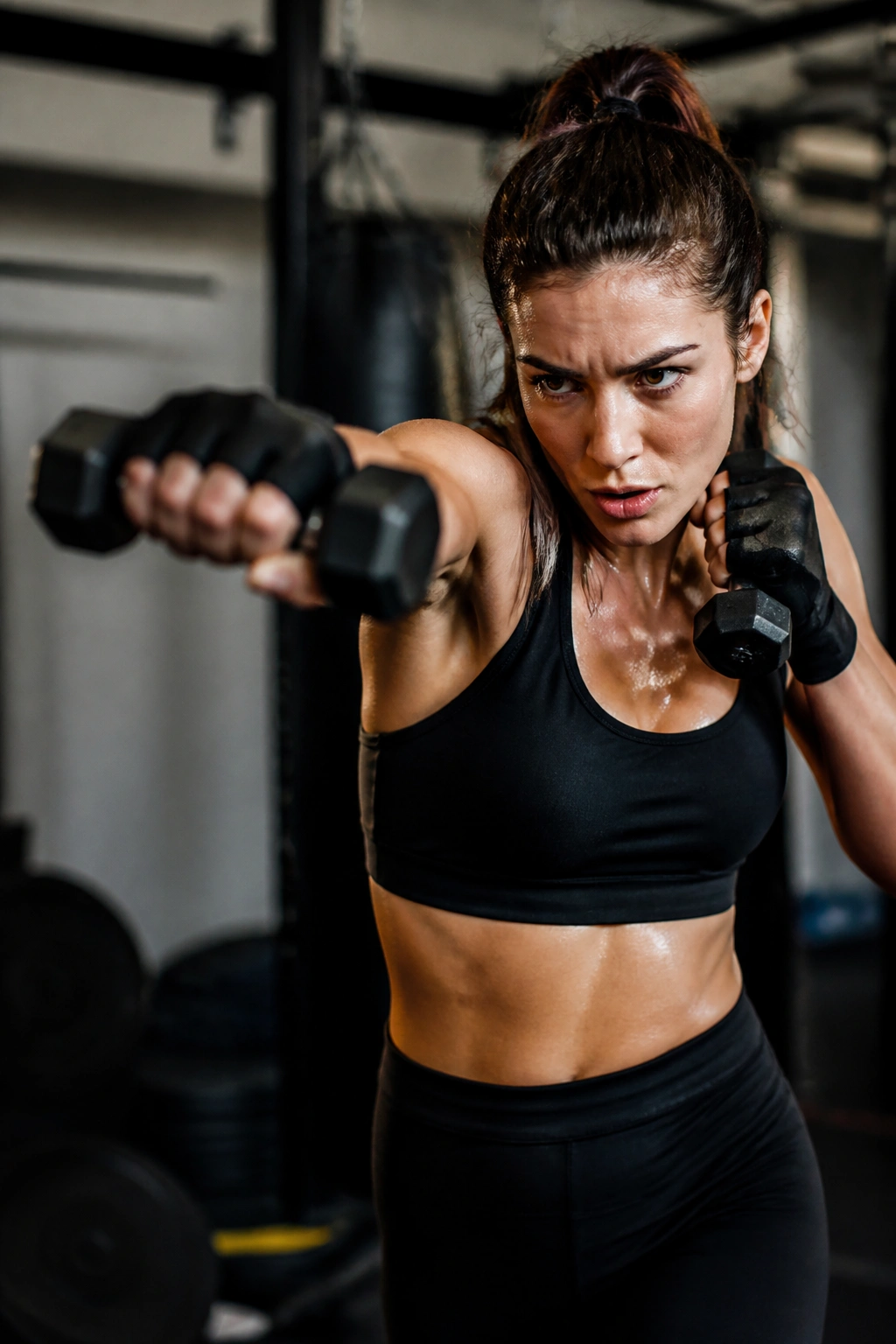 Kickboxer shadowboxing with light dumbbells to blend strength and cardio.