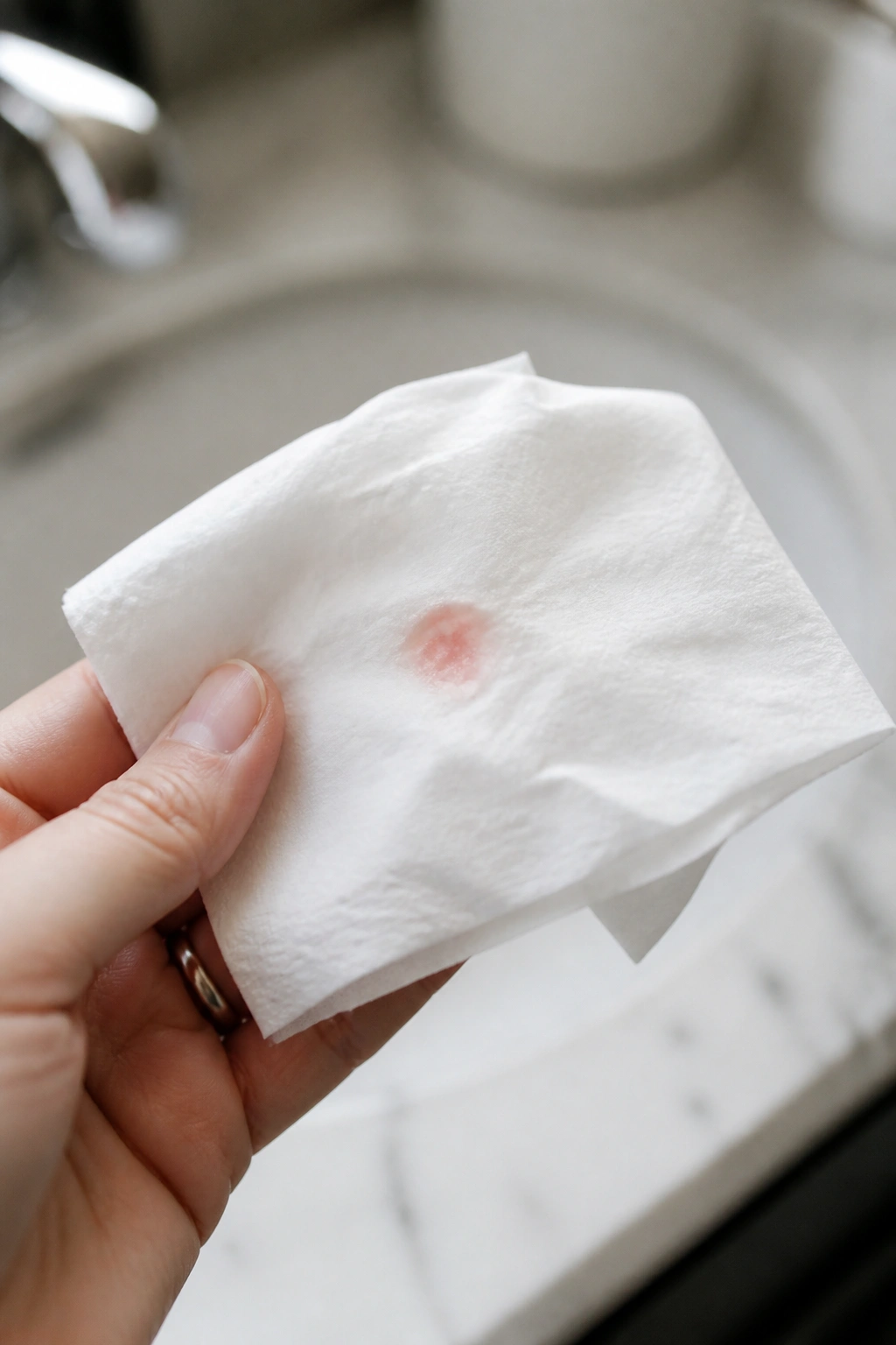 Tissue with a small pink stain indicating light spotting