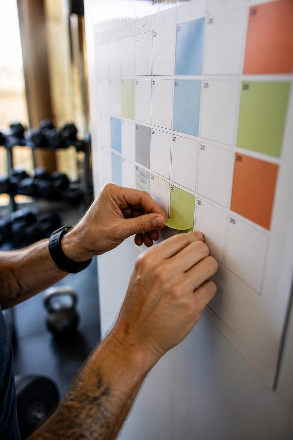 Close-up of hands adjusting a color-coded calendar block to indicate a lighter week in a home gym