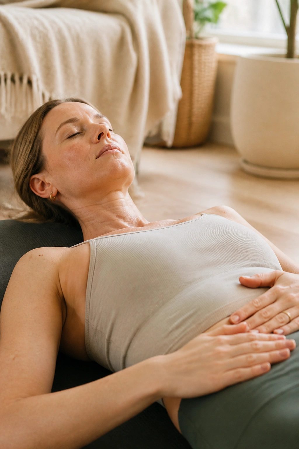 Person on a mat practicing diaphragmatic breathing in a serene space.