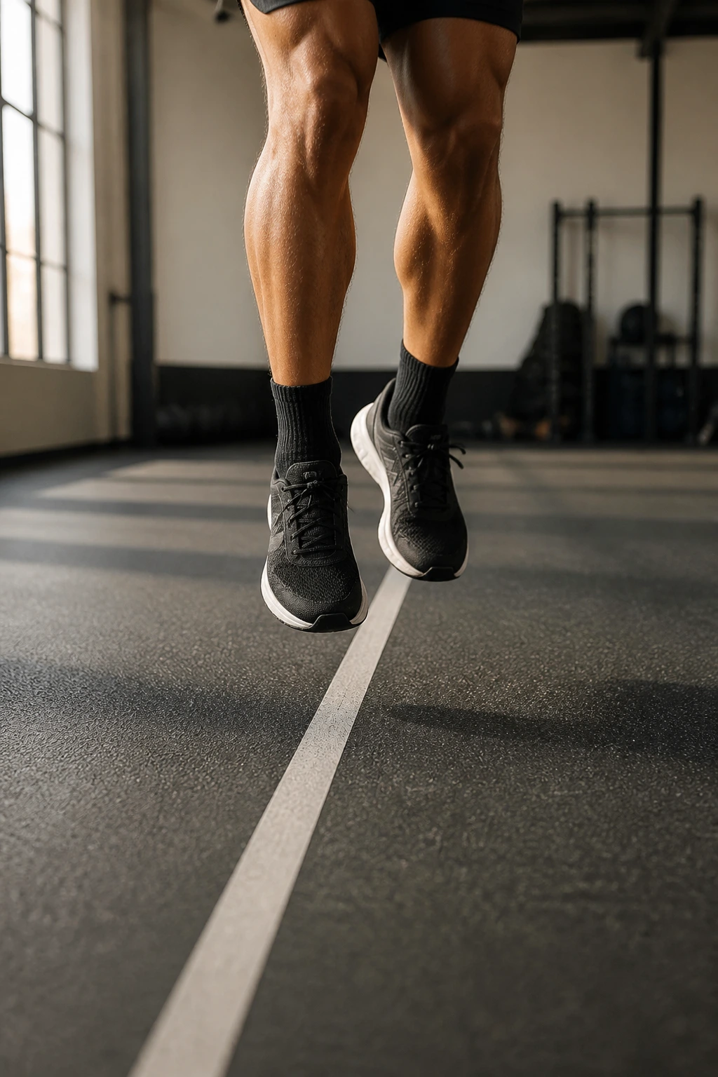 Feet hopping over a painted line on a gym floor