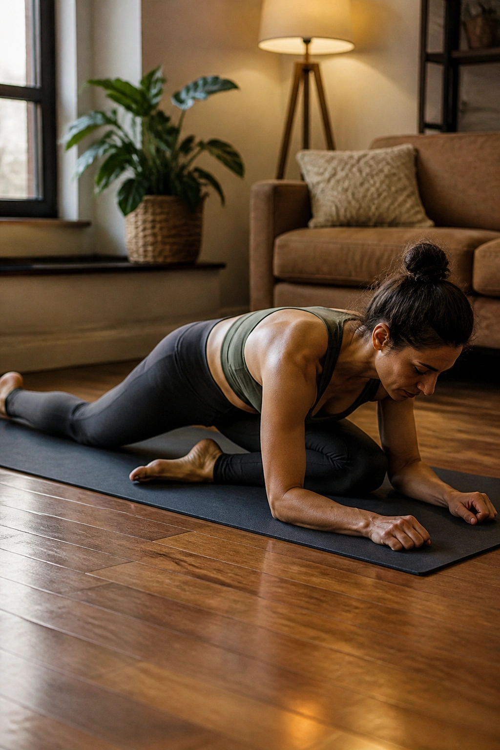 Person transitioning from lizard to half pigeon hip-opening on a yoga mat
