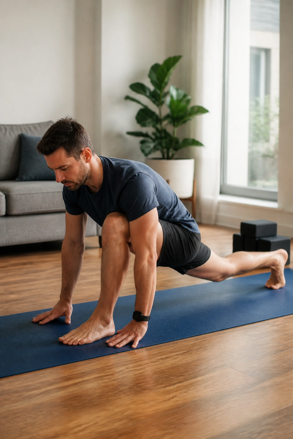 Person in a low lunge performing lizard lunge rocks with hands inside front foot