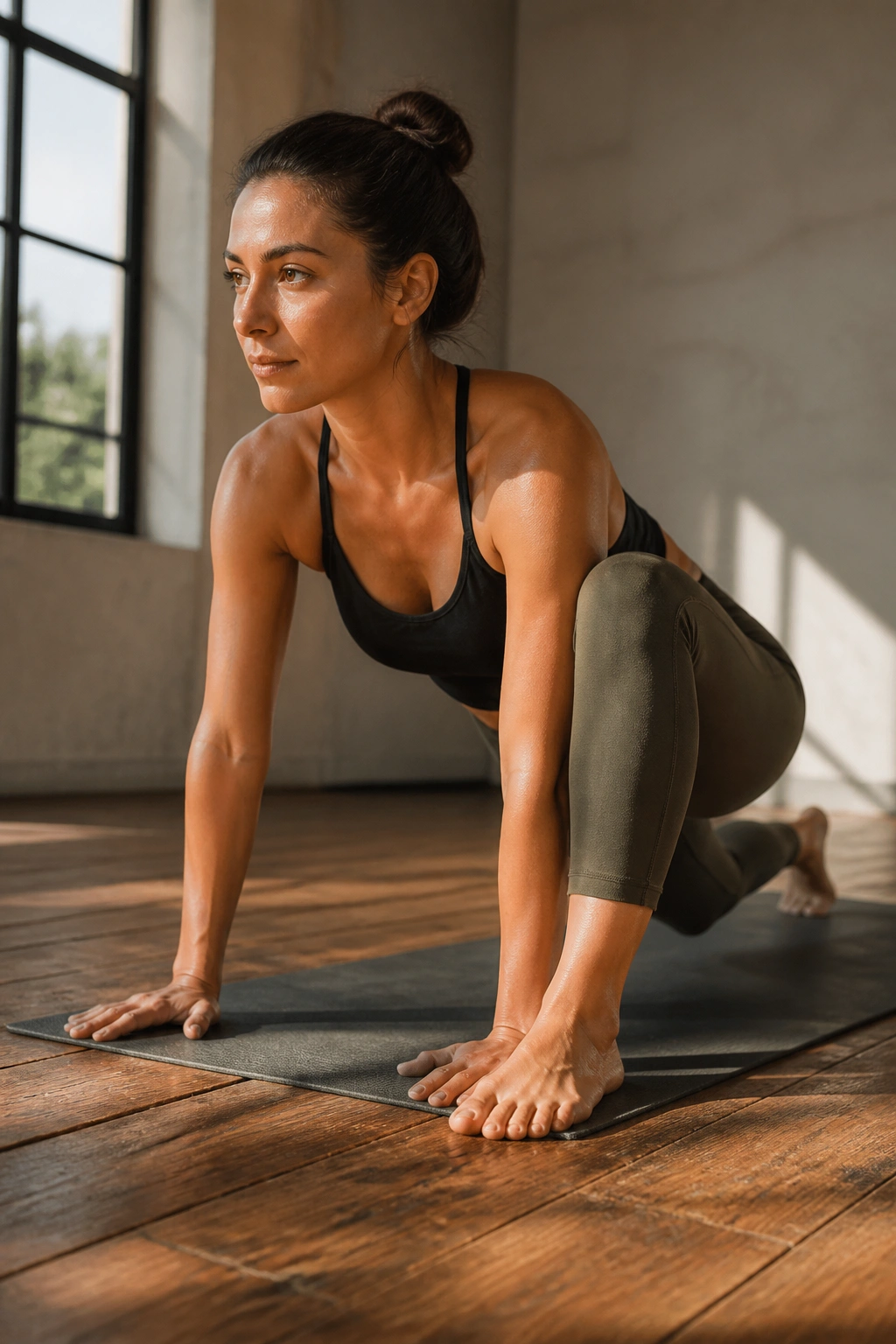Real person in lizard pose in a sunlit studio