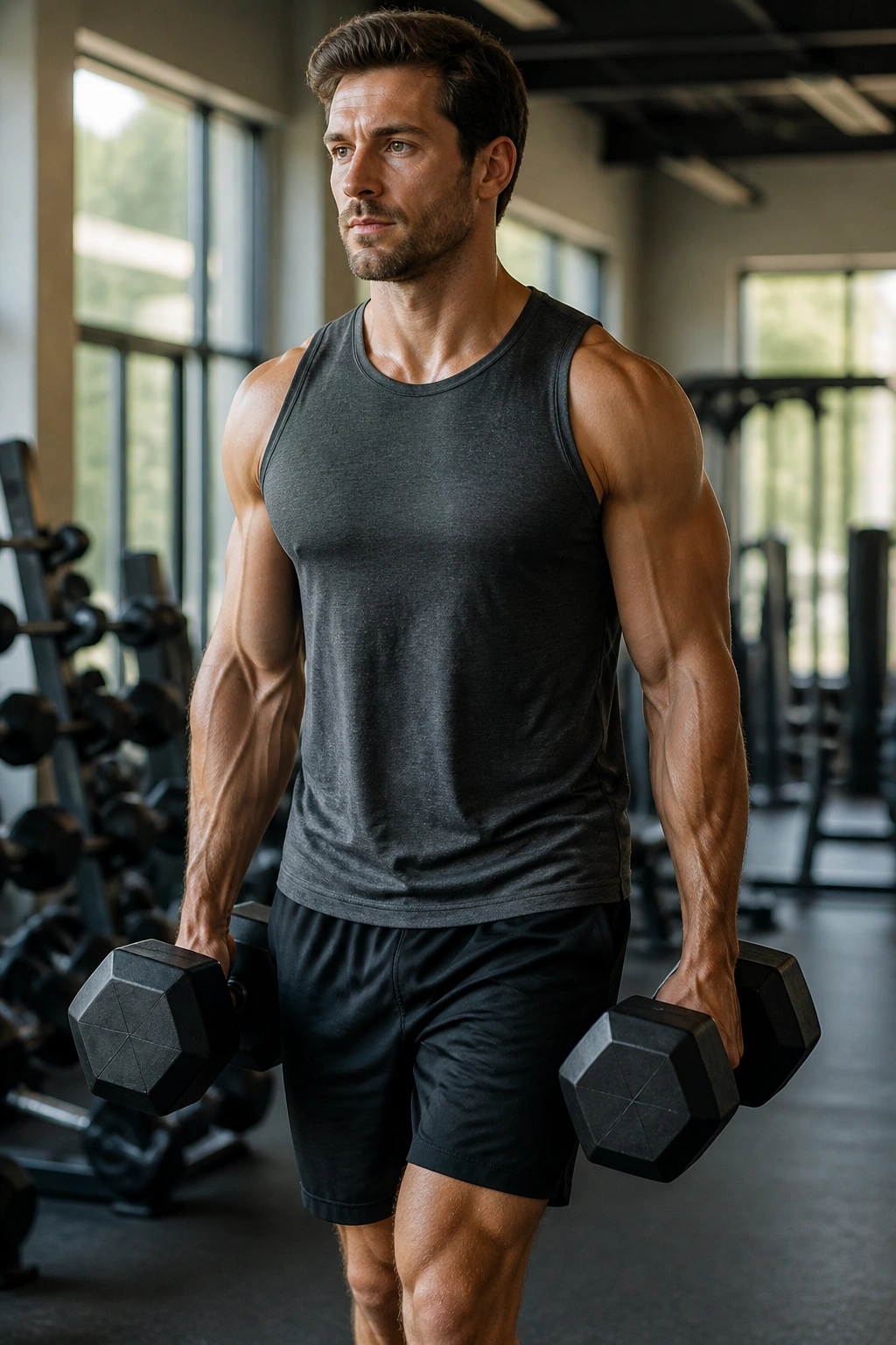 Medium close-up of a person performing farmer carries with heavy dumbbells, upright posture and engaged core in a gym.