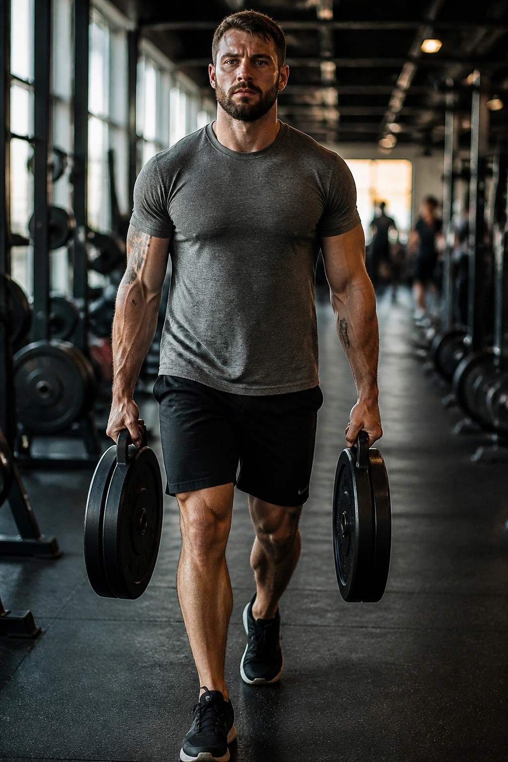 Athlete performing a loaded carry with heavy weights in each hand in a gym