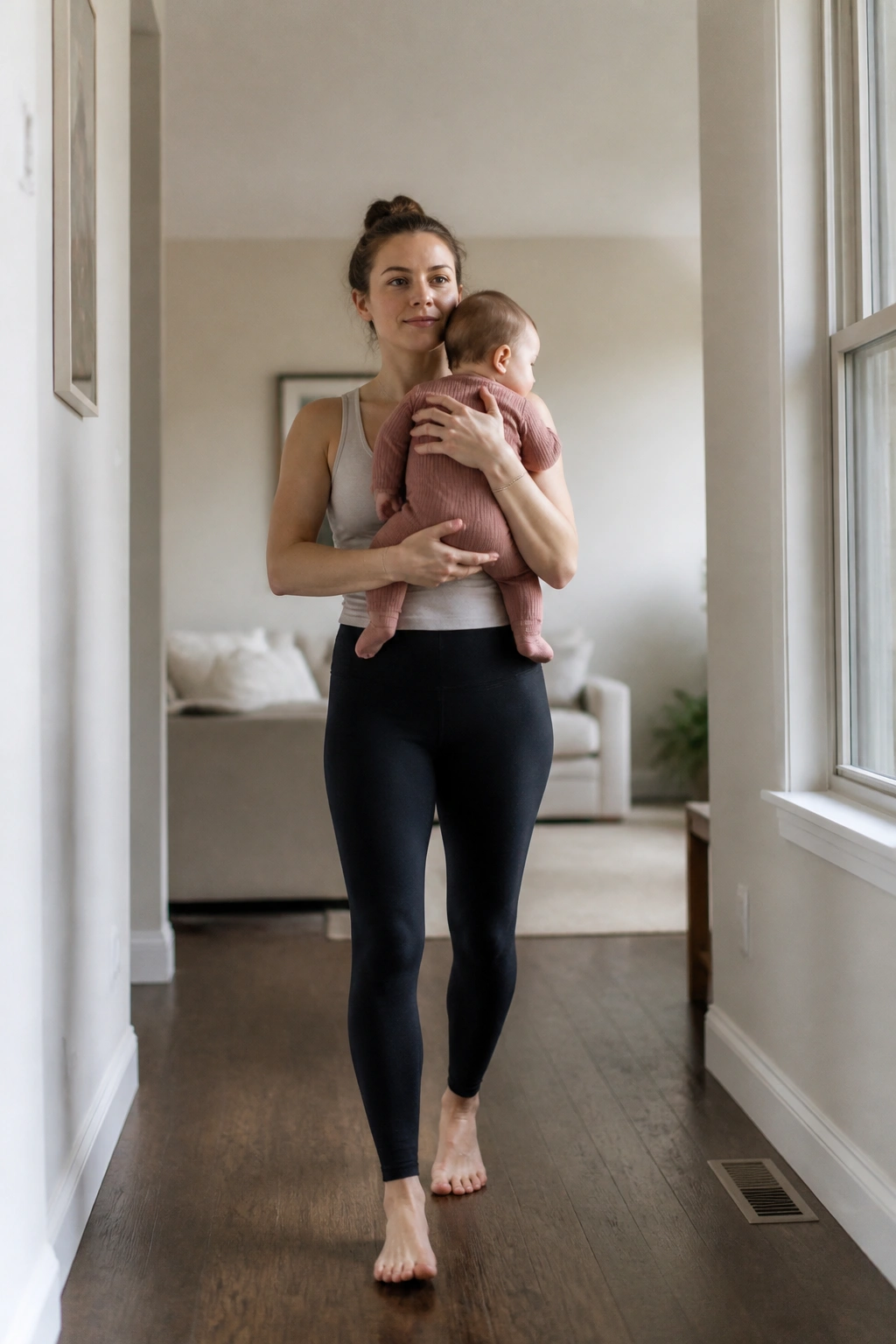 Person carrying a baby at chest height while walking in a home hallway