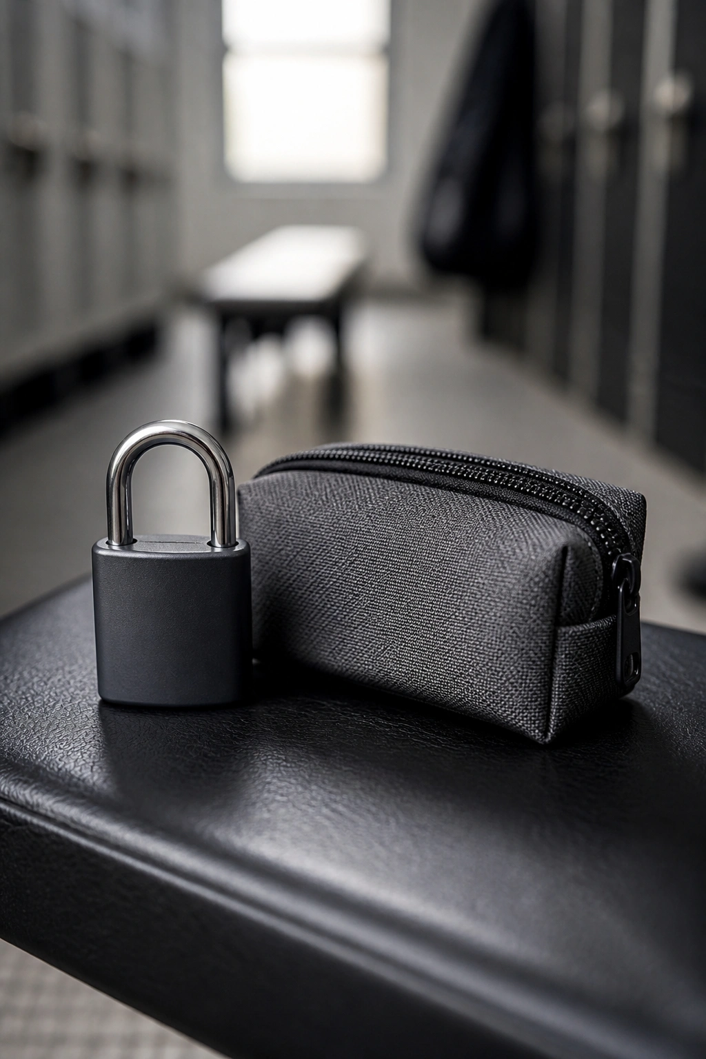 Plain lock and zip pouch on gym bench in locker room scene