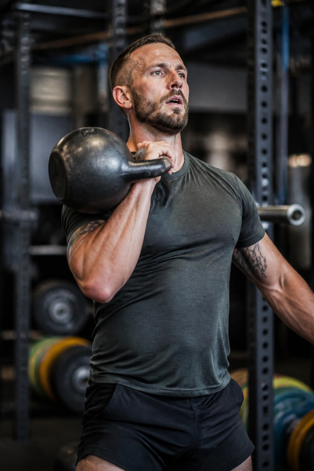 Real person performing long-cycle clean and jerk with kettlebell in a gym