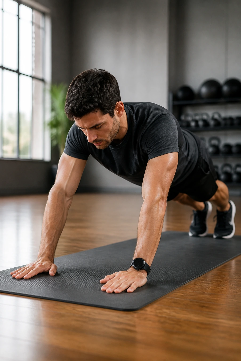 Medium close-up of person in long-lever plank with extended lever pointing forward.