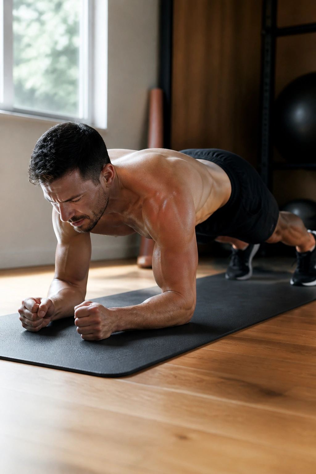 Person performing a long-lever plank on a mat, core engaged and elbows forward.