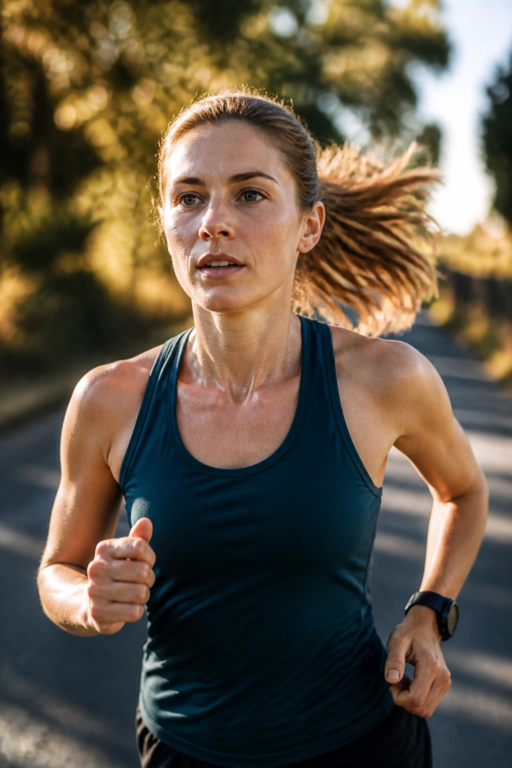 Runner on a long run finishing strong on a scenic road