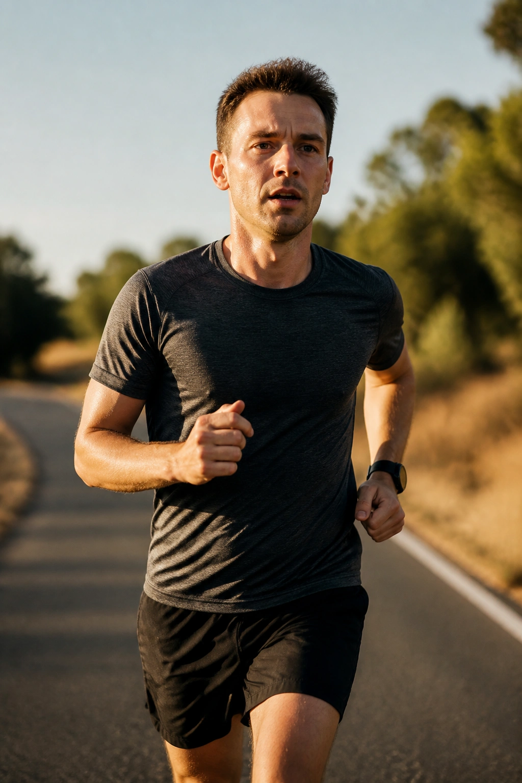Runner on a long run performing surges, mid-stride