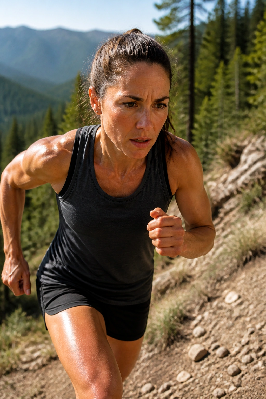 Runner powering uphill on a long hill with focused expression