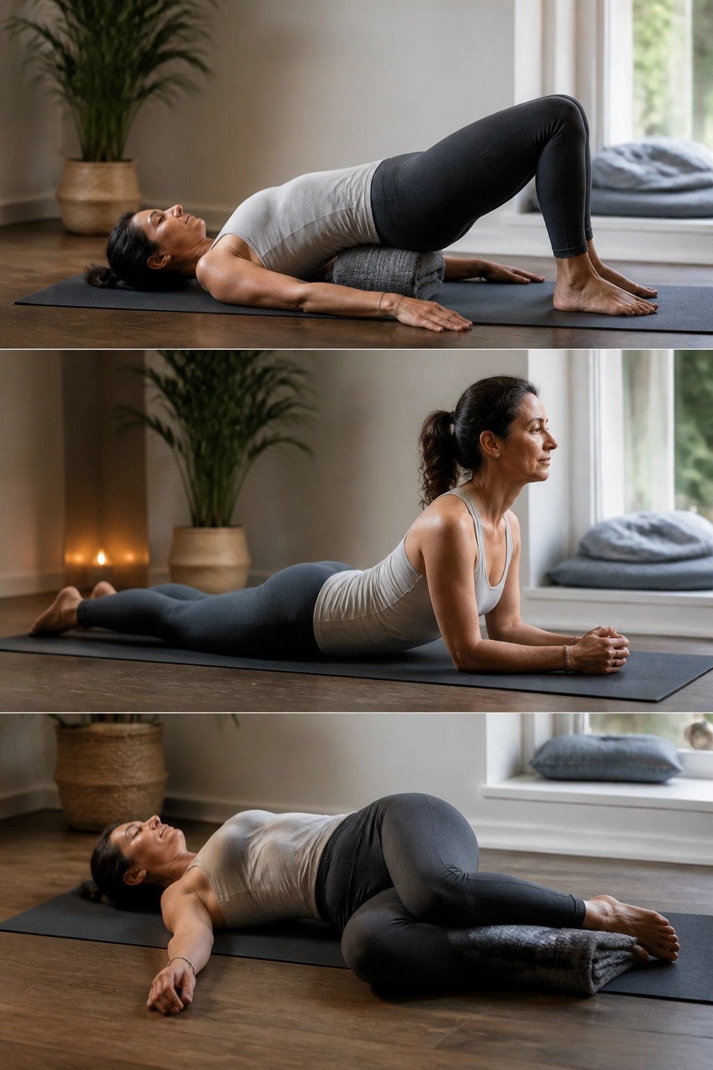Portrait of person performing gentle back-friendly yoga sequence