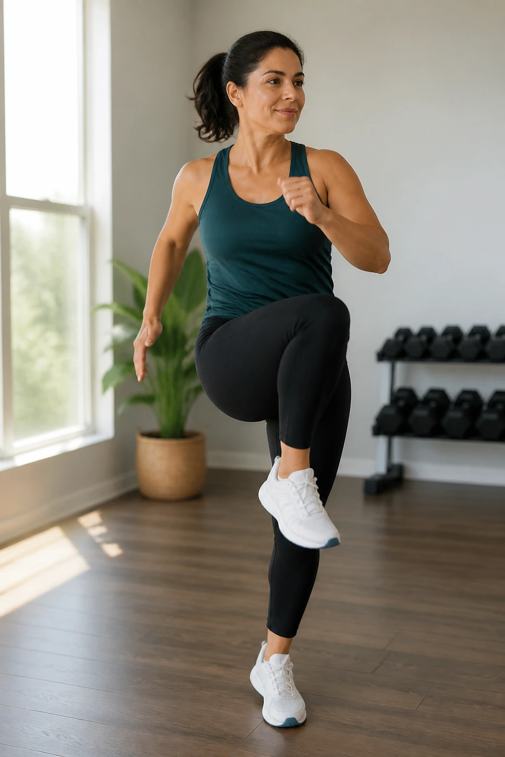 Woman performing no-jump aerobics flow in bright studio