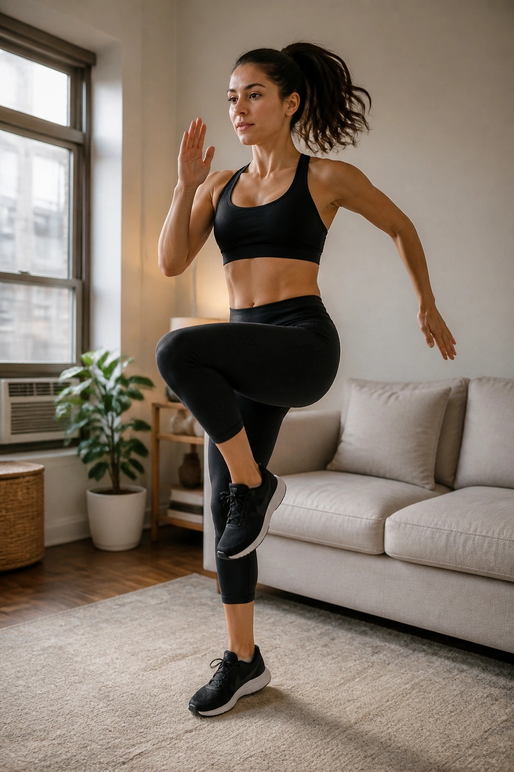 Real person doing low-impact moves in a small apartment