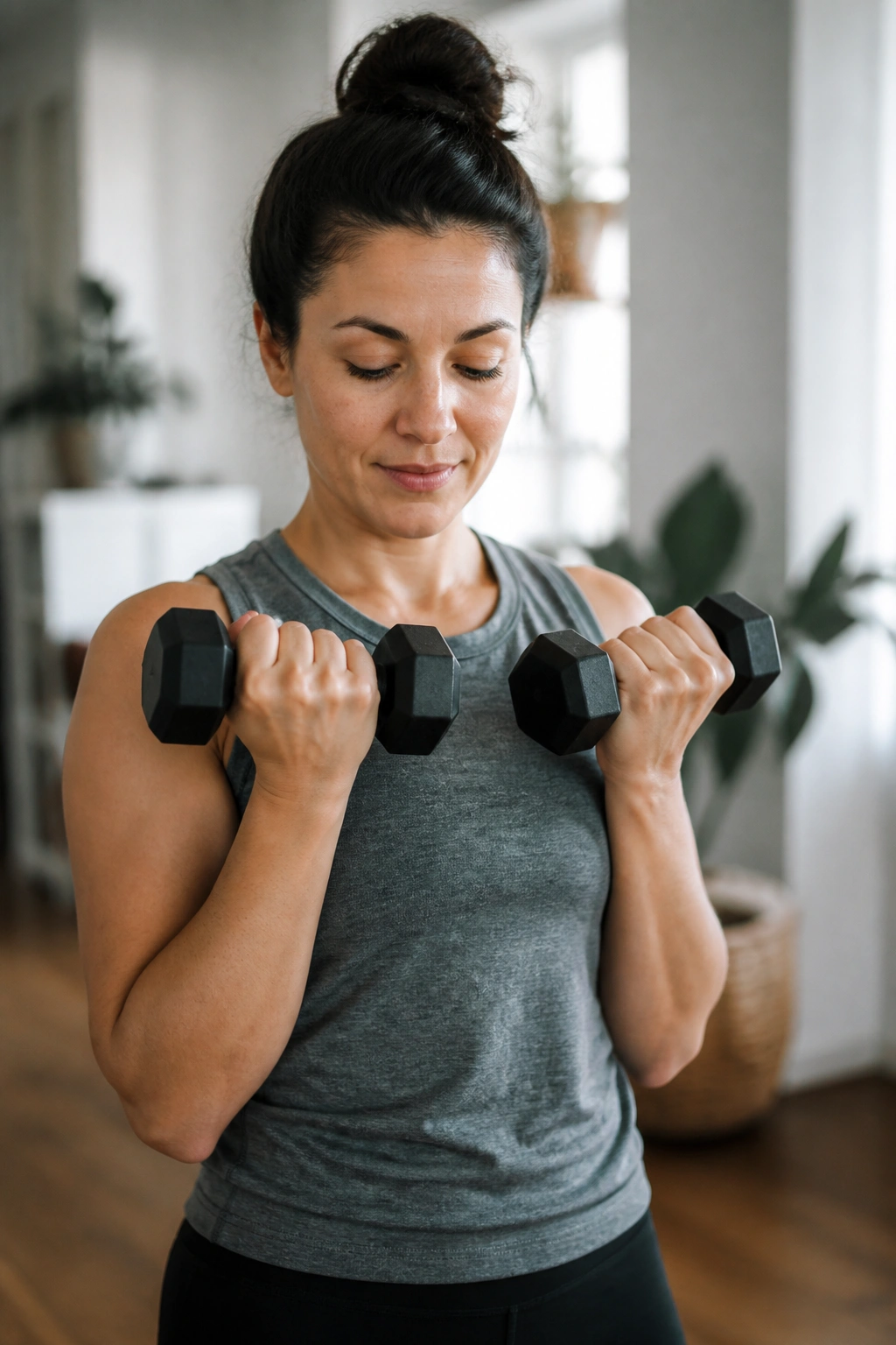 Close-up of a person performing a neutral-grip curl with light dumbbells in a calm home gym