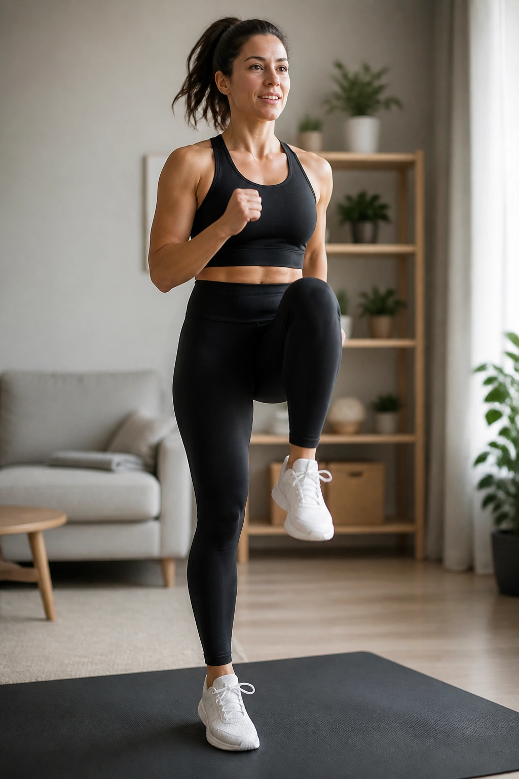 Close-up of a person marching in place on a mat in a bright living room.