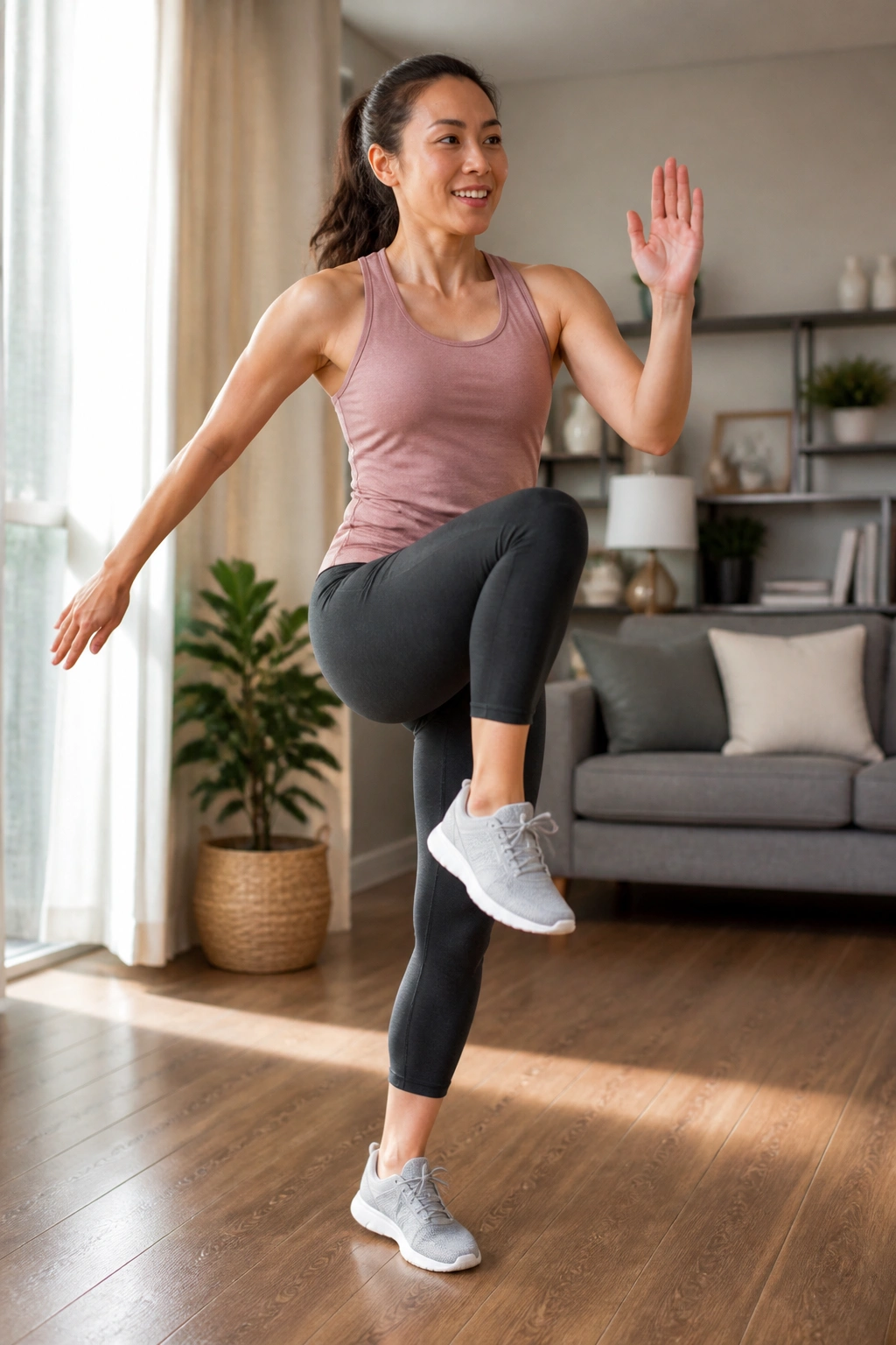 Person doing low-impact marching and step jacks in a living room