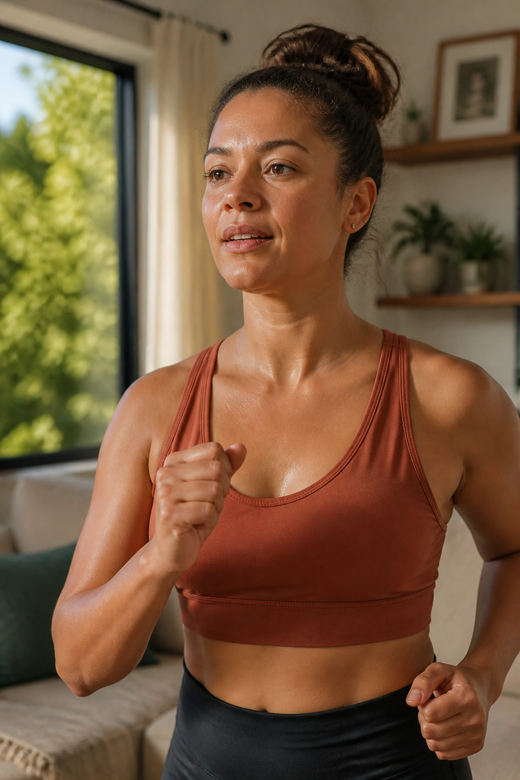 Close-up of a person performing low-impact cardio in a bright apartment