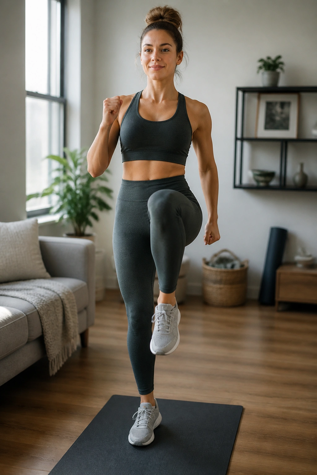 Medium close-up of a person marching in place in a living room for a low-impact cardio circuit