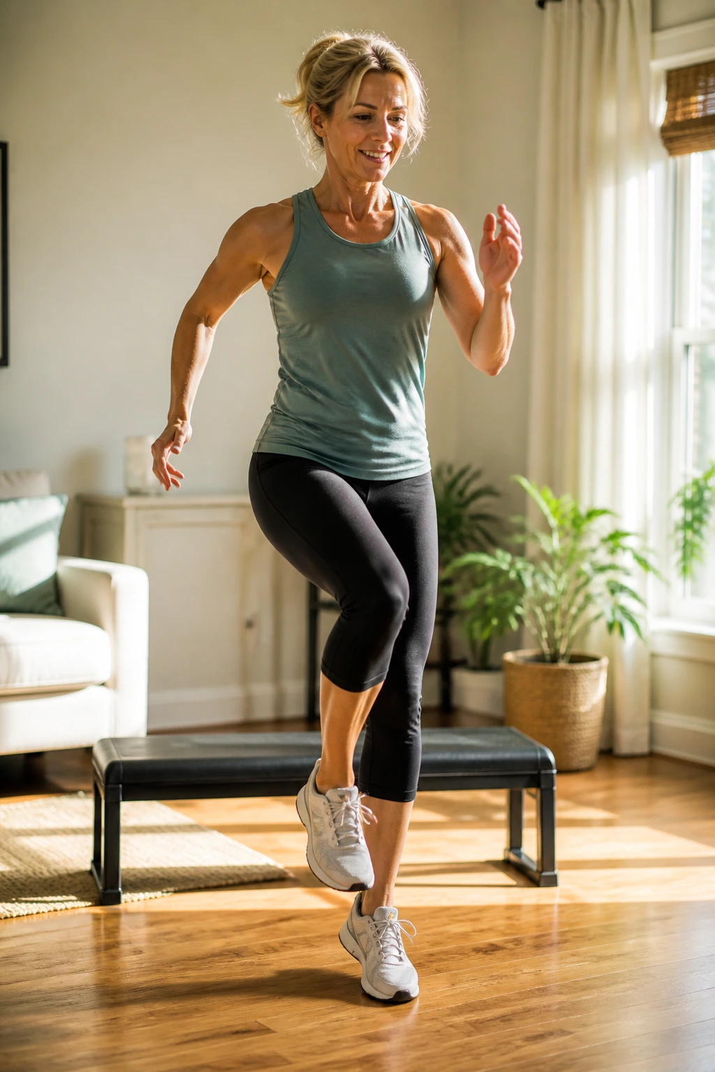 Medium close-up of a person doing step jacks in a sunlit living room