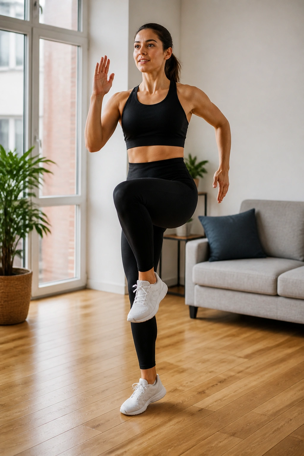 Person marching in place in bright living room