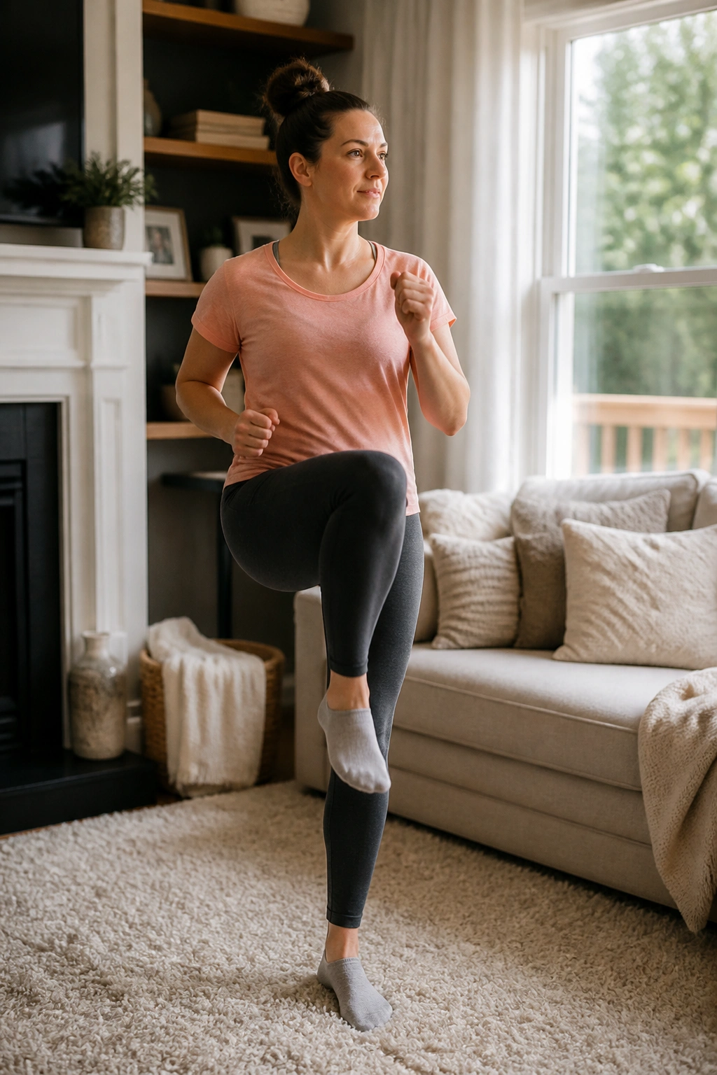 Mom marching in place in a quiet living room for low-impact cardio.