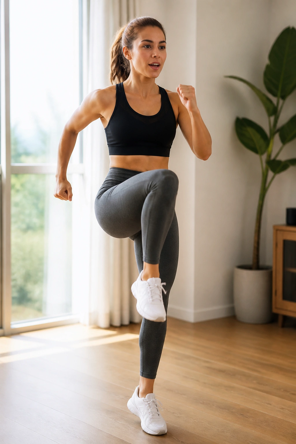 Person doing fast marching cardio with arm swings in a bright home space, no jumps