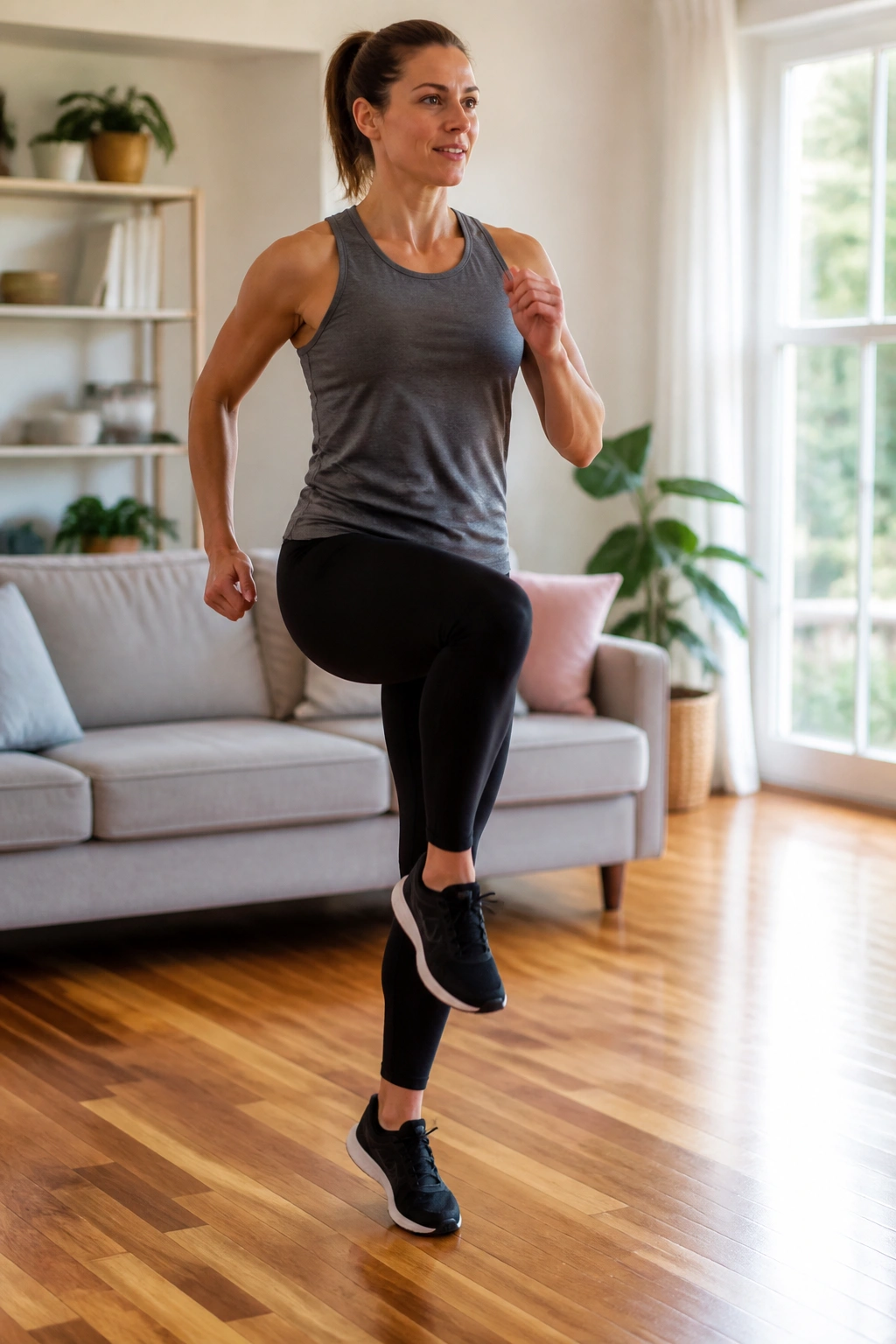 Full-body shot of a person marching in place in a living room