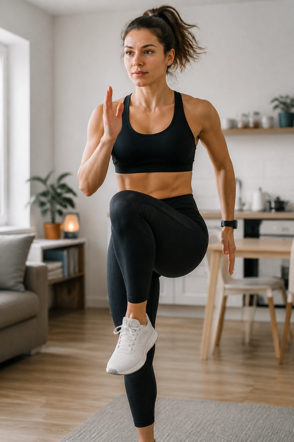 Person marching in place in a small apartment with energized movement