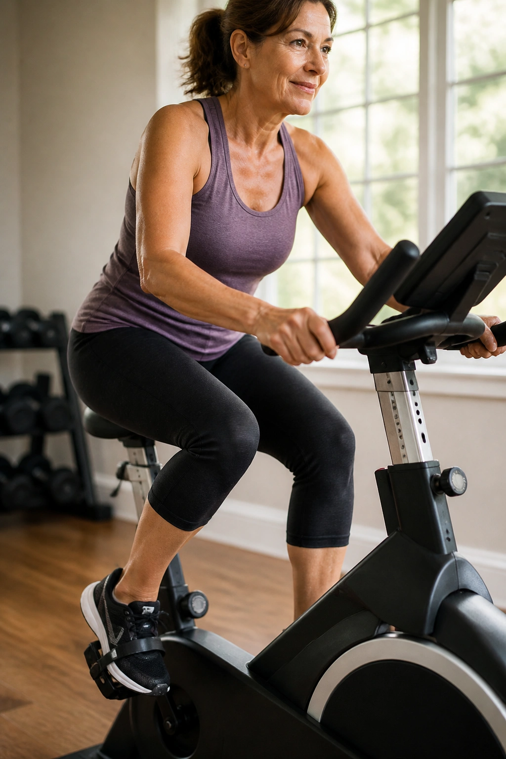 Close-up of a person pedaling a stationary bike in a home gym