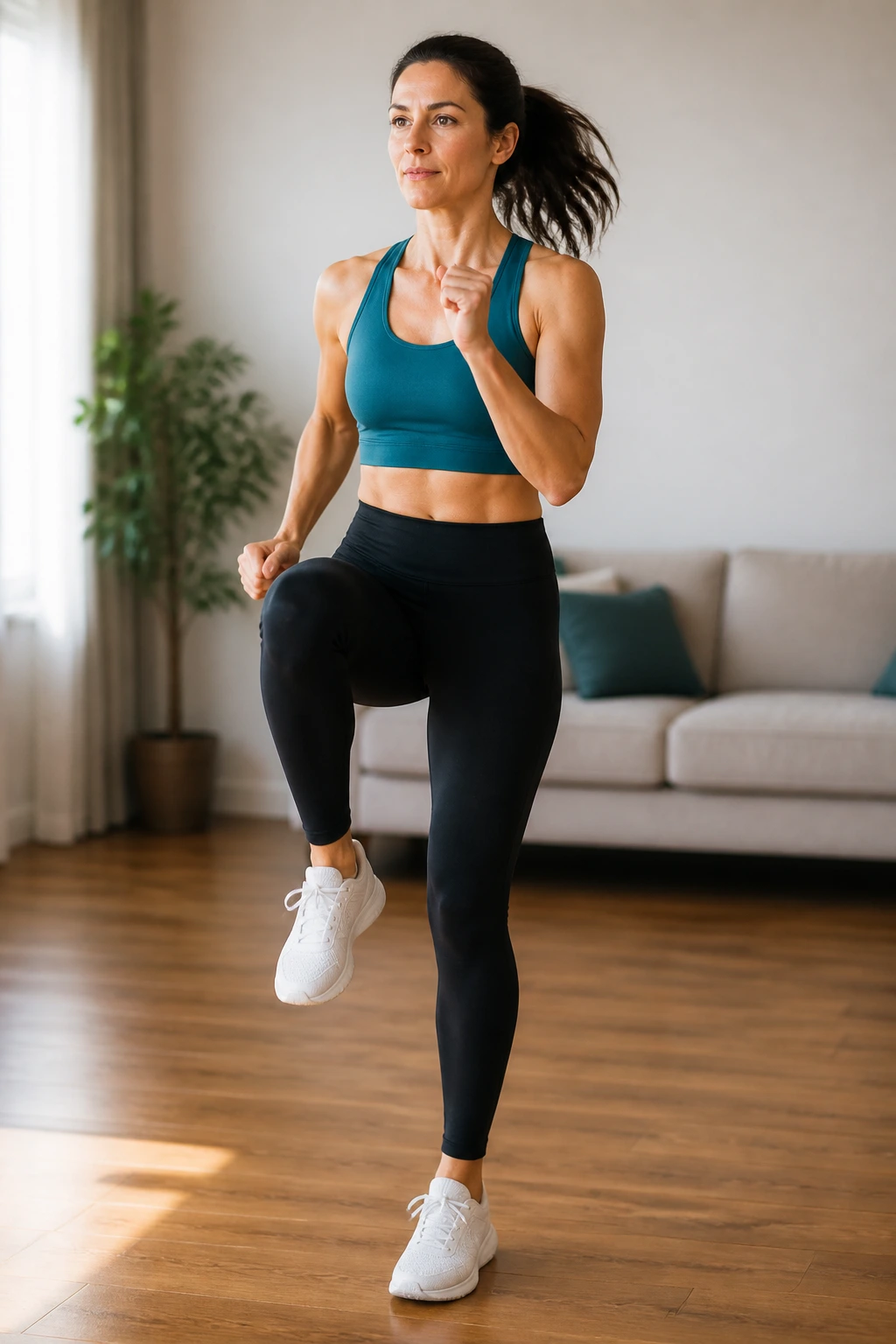 Mid-shot of a person marching in place in a sunlit living room