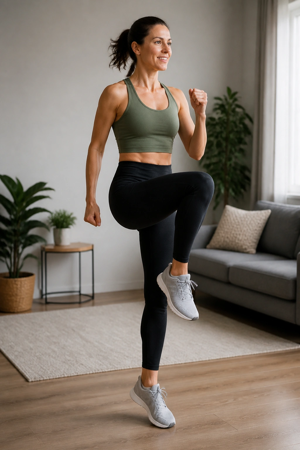 Person performing low-impact cardio in a small apartment.