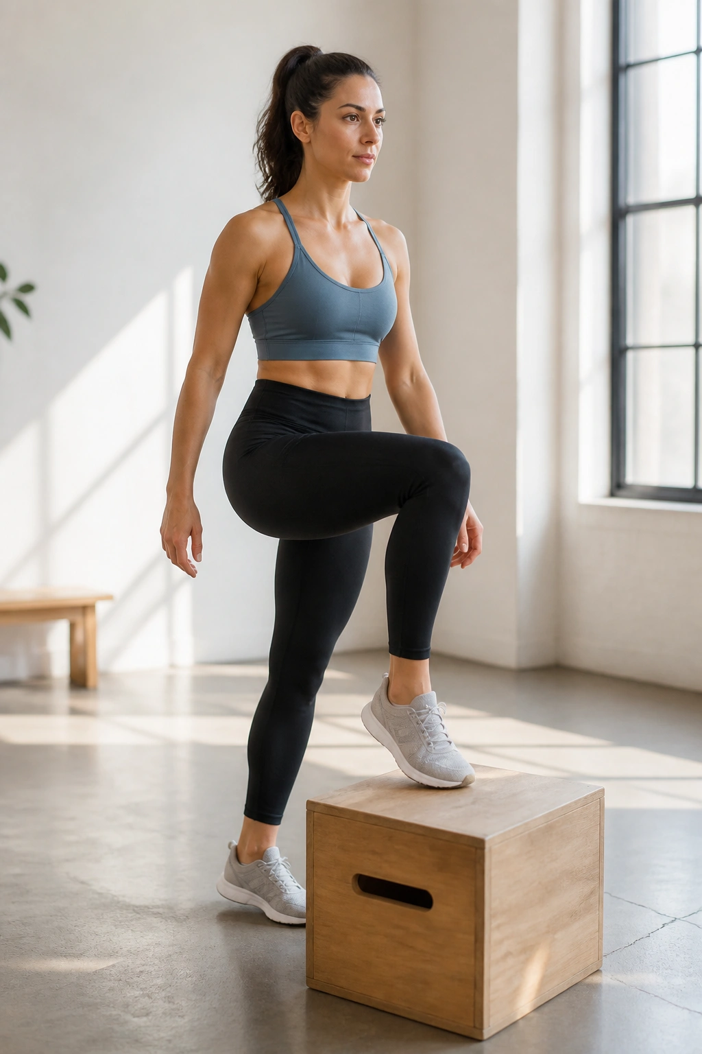Medium close-up of a person performing a step-up onto a low box in a bright gym