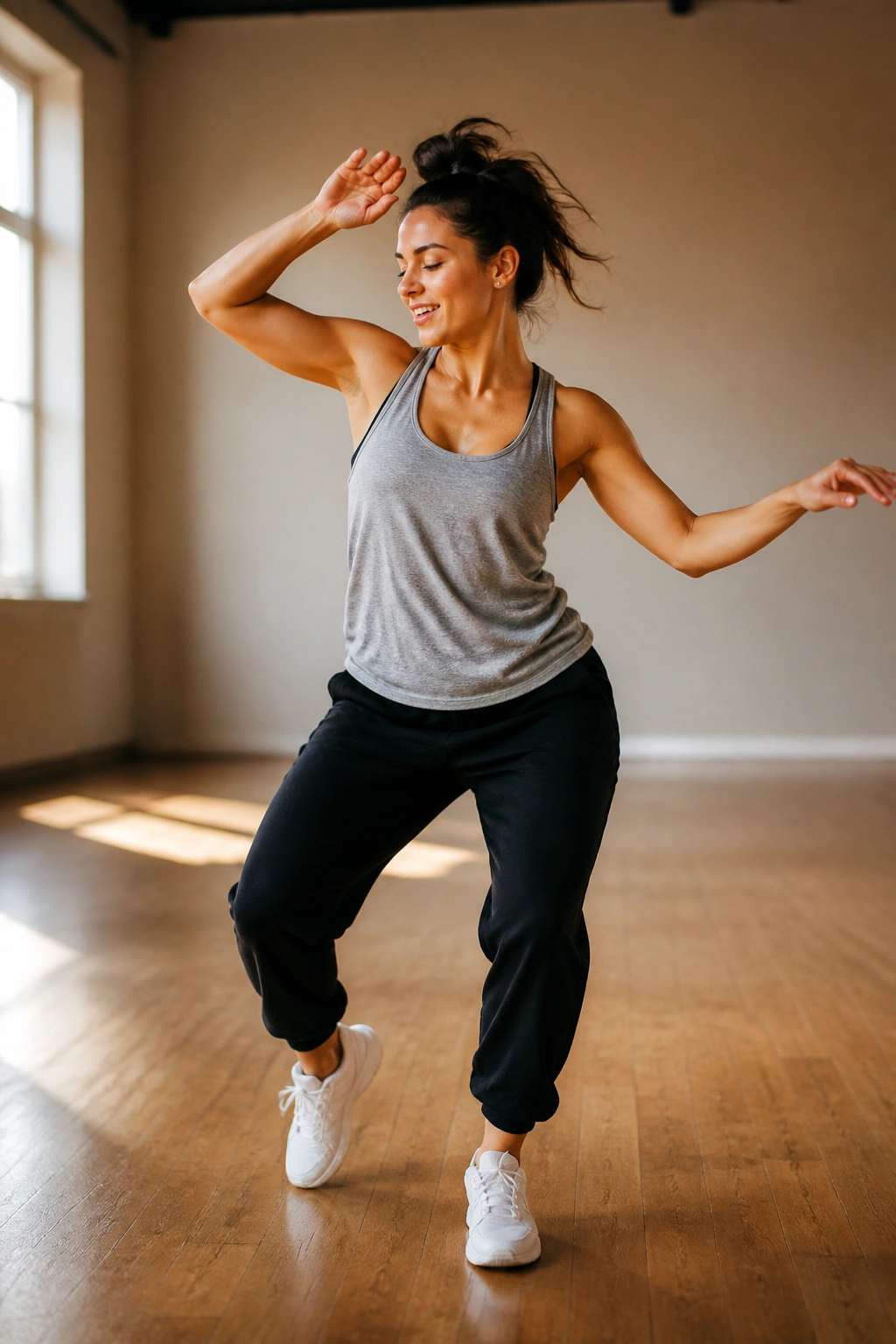 Person dancing in a studio during low-impact cardio session