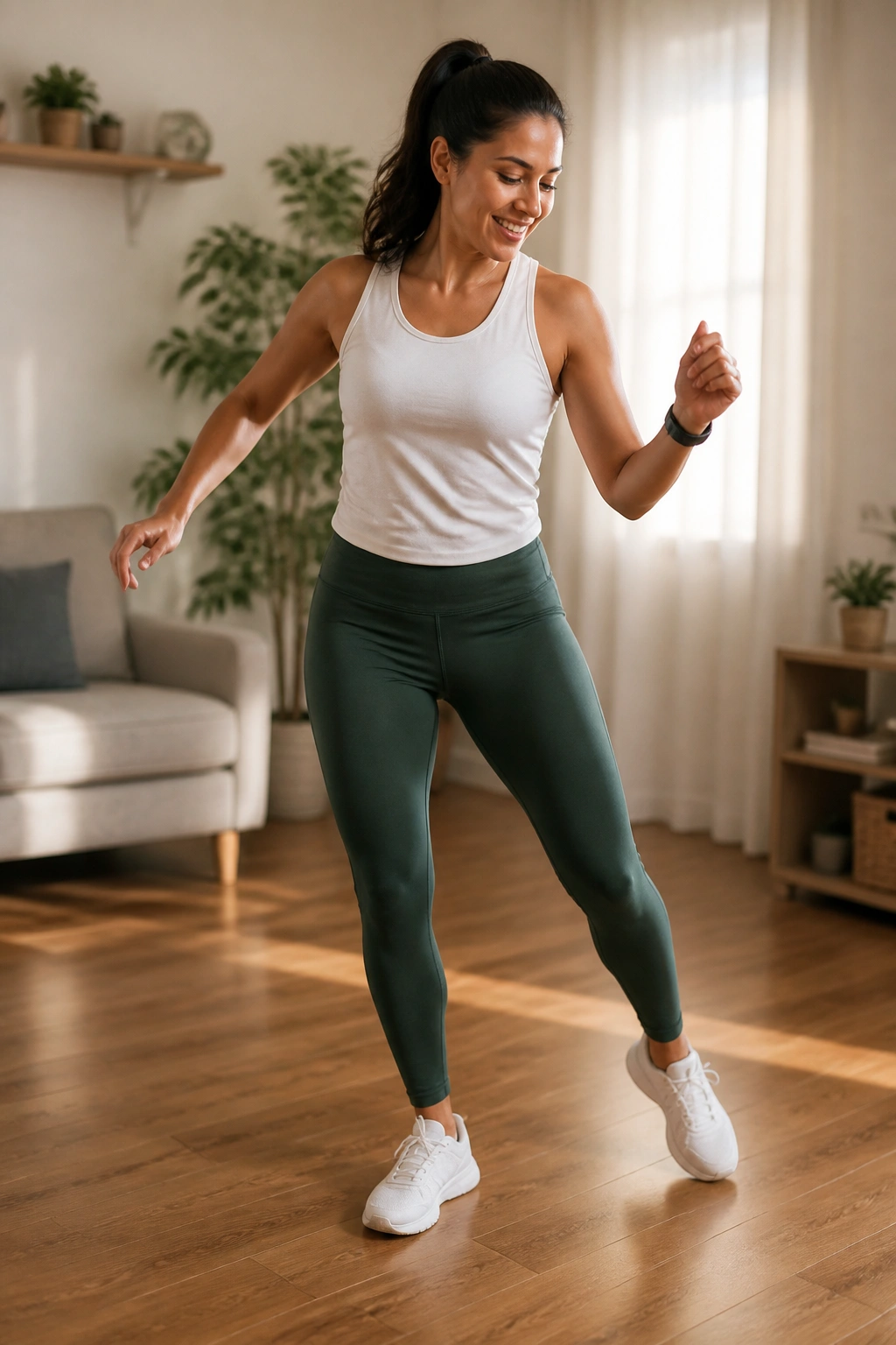 Person performing low-impact dance cardio in a sunny living room.
