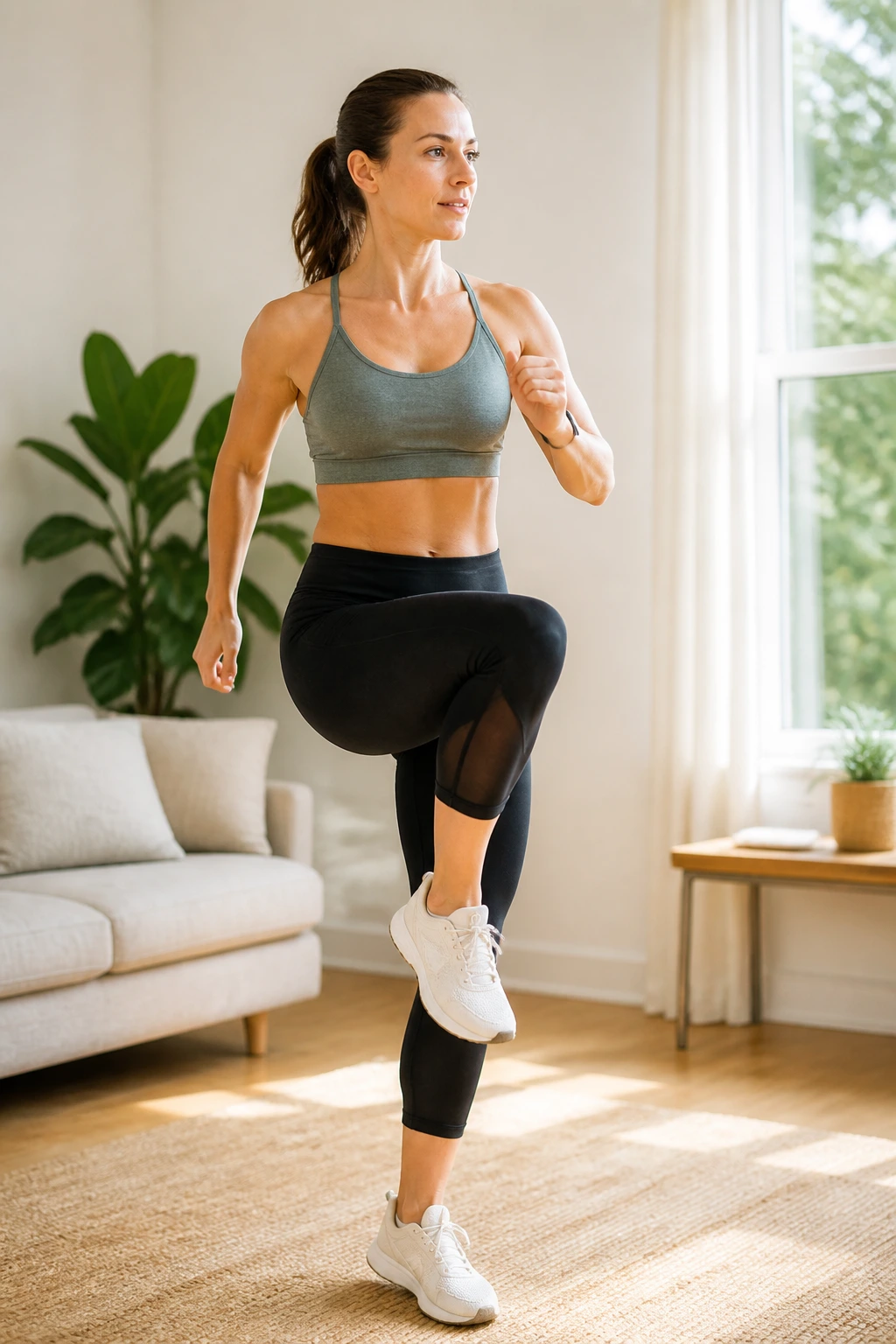 Full-frame portrait of a person doing low-impact marching in place during a fat-burn circuit