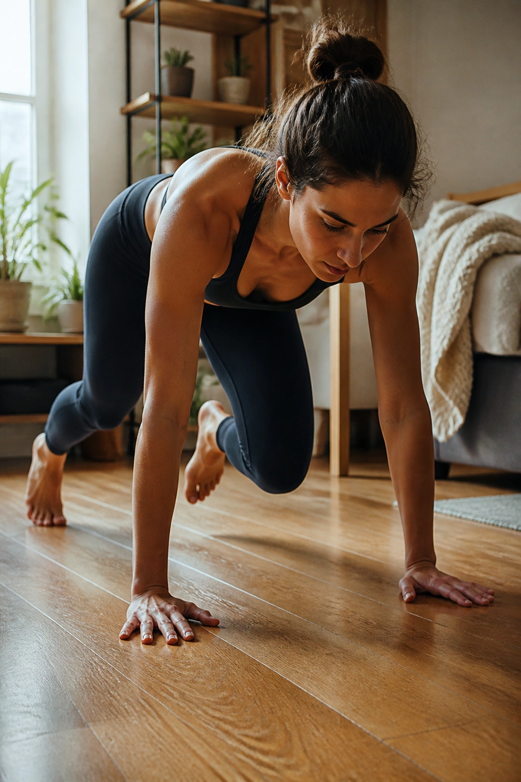 Person doing bear steps in a living room during low-impact cardio.