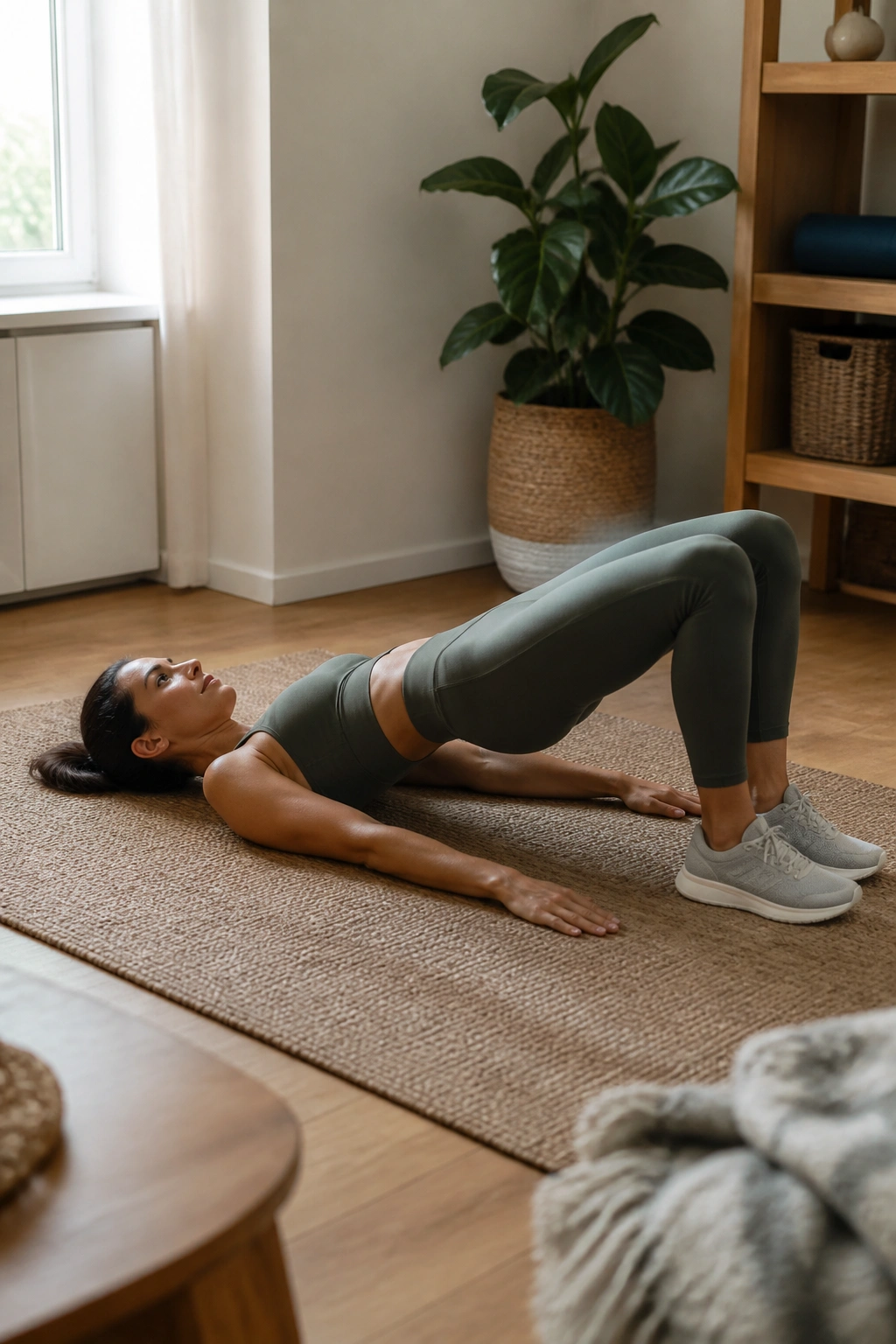 Person performing a glute bridge as part of a low-impact floor finisher.