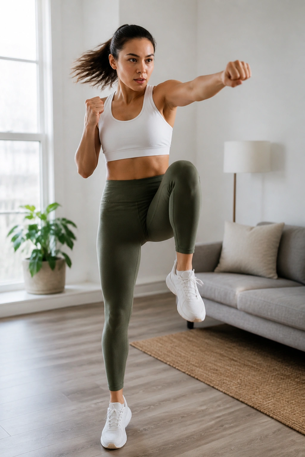 Medium close-up of a person performing low-impact HIIT moves at home