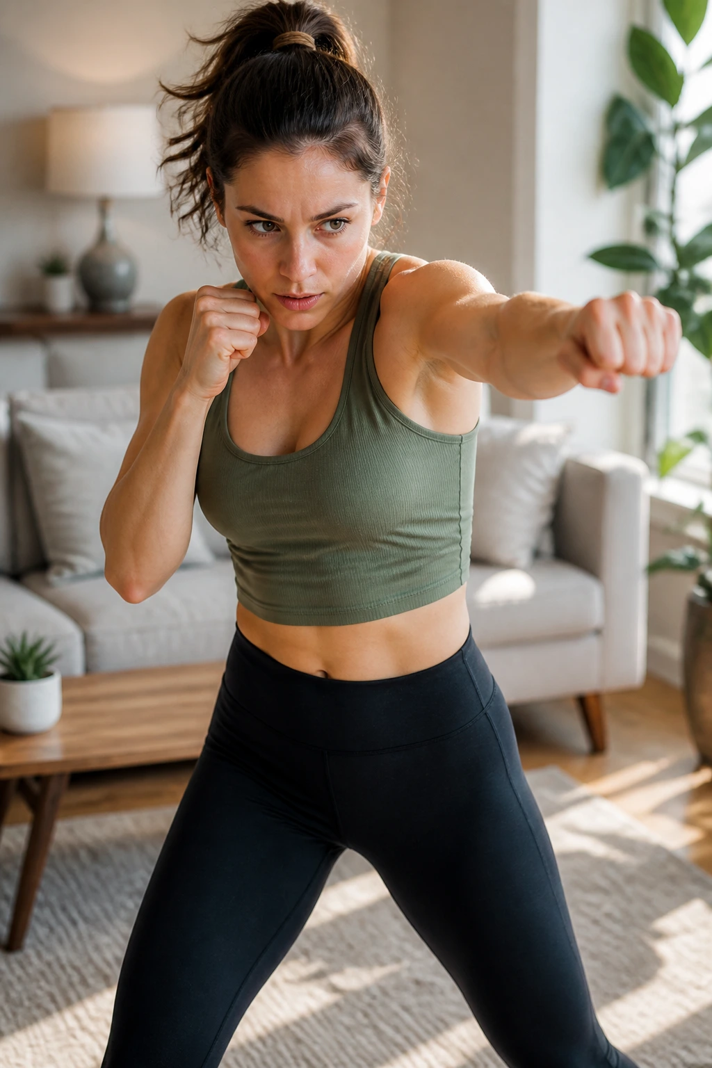 Real person performing low-impact HIIT shadow boxing in living room