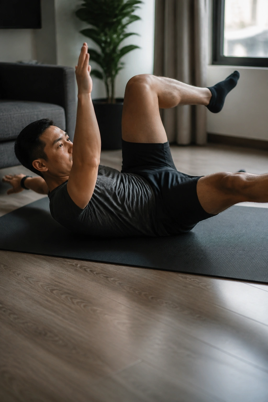 Person performing a slow dead bug on a mat in a quiet apartment