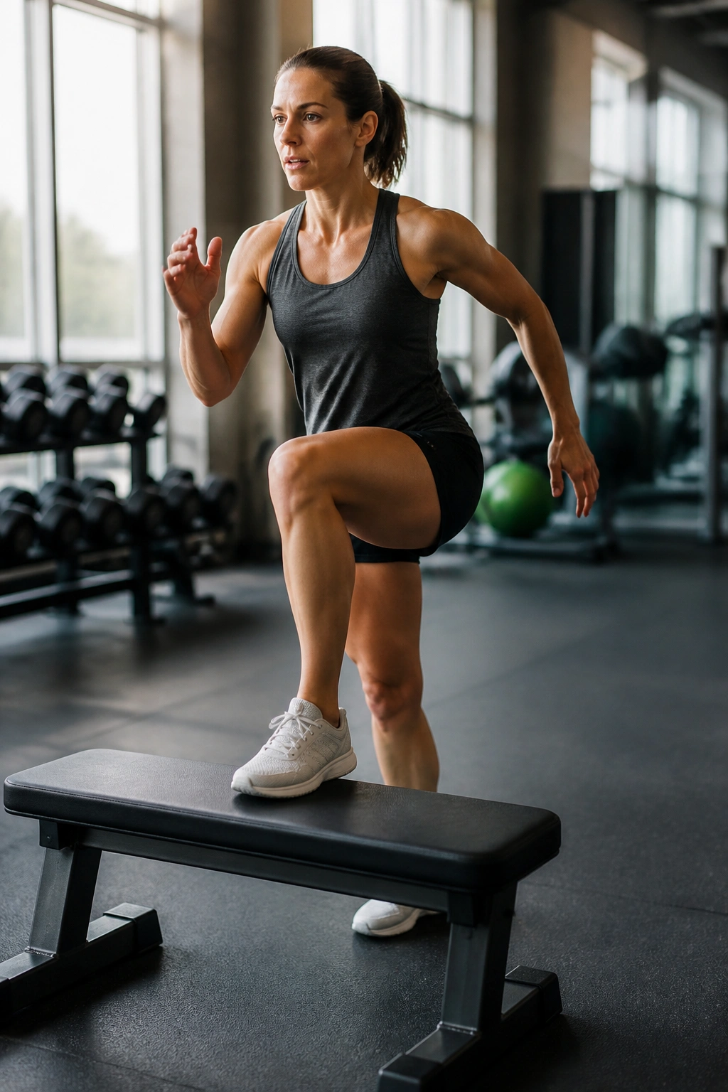 Medium-shot of a person performing step-ups on a low bench in a gym